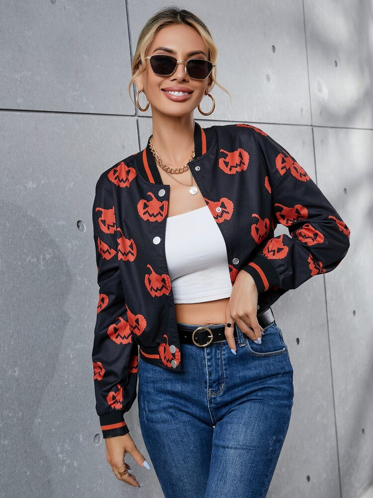 Halloween Pumpkin Print Bomber Jacket | SHEIN