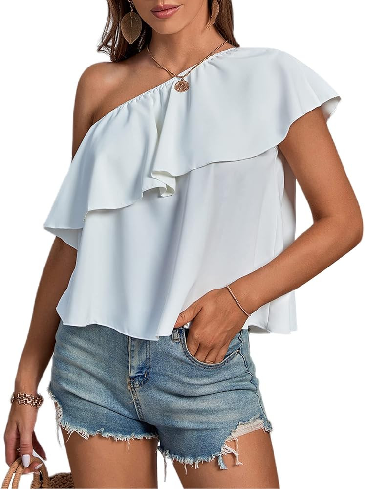 LYANER Women's Ruffle One Shoulder Sleeveless Casual Loose Shirt Blouse Top | Amazon (US)