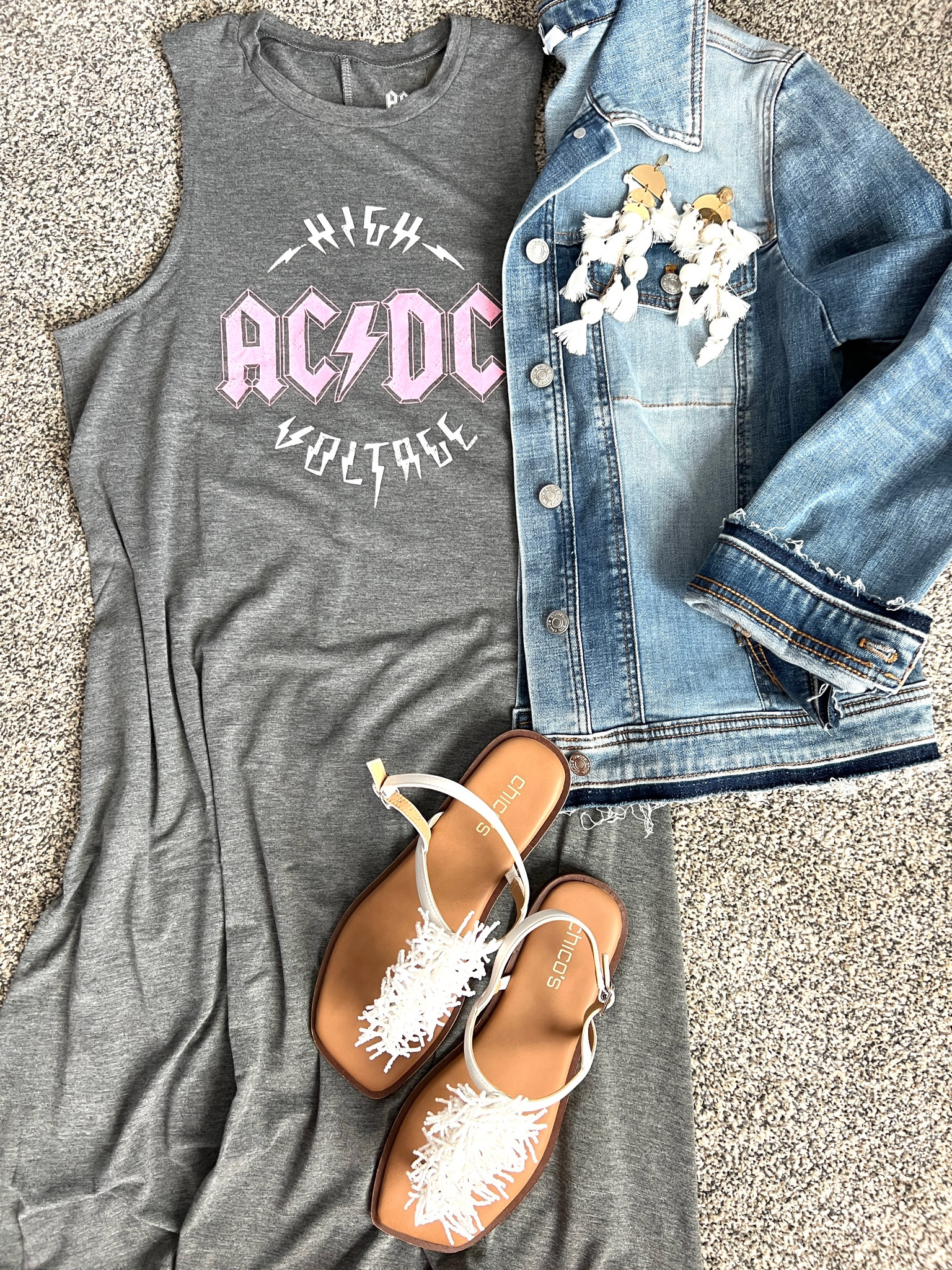 Walmart dress

AC/DC tee shirt tank dress sale $9.00
So cute and cute for a summer concert! Love graphic tees/tanks 
So this dress is too cute!
TTS 

Chicos two tone denim jacket with distressed hem and cuff tts

White beaded fringe sandals tts Chicos and so comfy 

Amazon $12 tassel earrings, super light weight 

#LTKunder50 #LTKstyletip #LTKsalealert