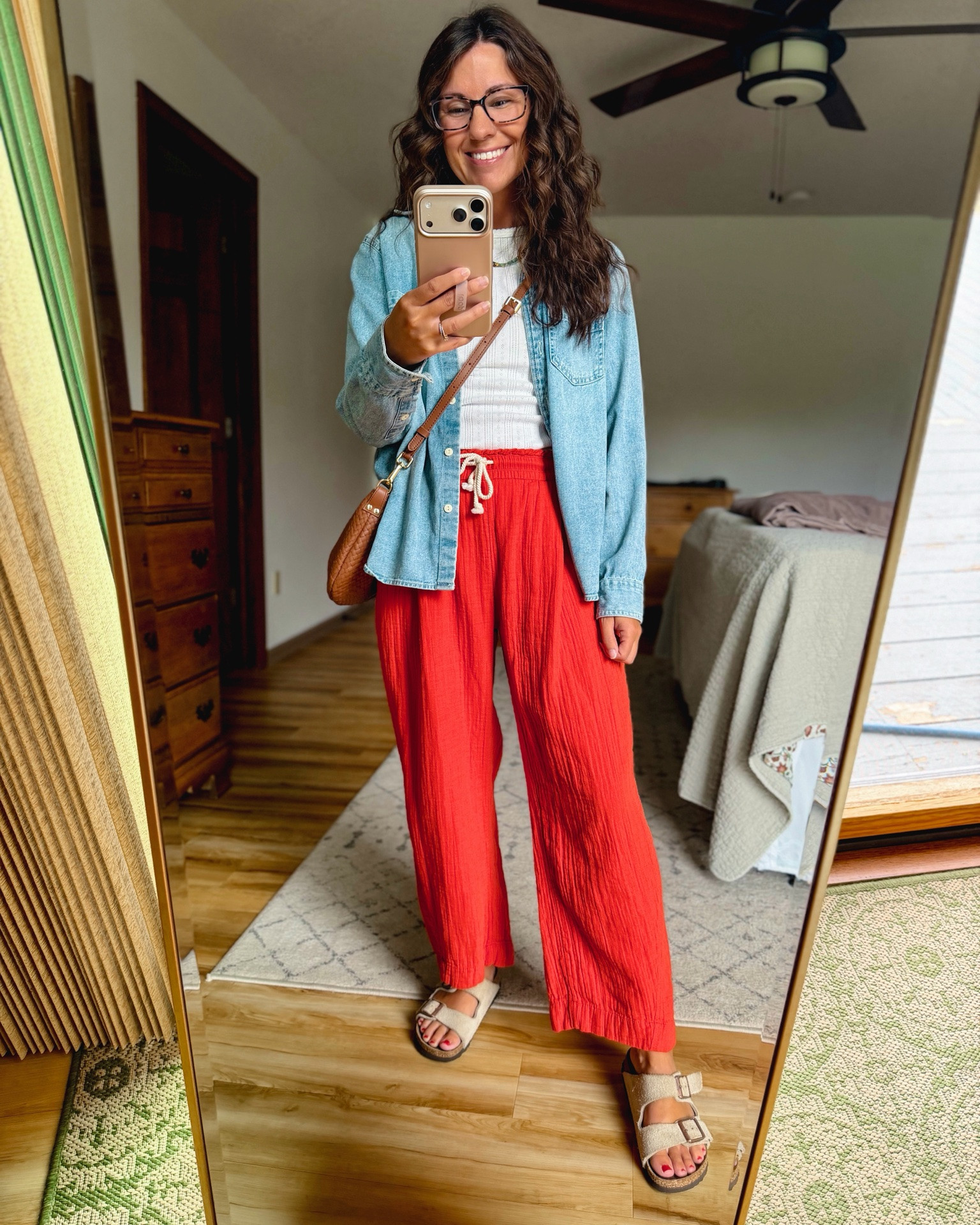 small in my pointelle white tee, xs petite in my red gauze pants (almost sold out, so linked some similar). My denim shirt is older, so it’s linked similar ones. My Birkenstock sandals are size 36.

#LTKPetite #LTKgrwm #LTKSeasonal