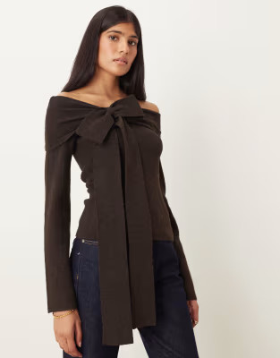Pretty Lavish bardot bow knit top in chocolate brown | ASOS | ASOS (Global)