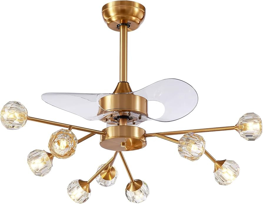 Siljoy 9-Light Vintage Ceiling Fan with Light Remote Control, Brass Gold Sputnik Crystal Chandeli... | Amazon (US)