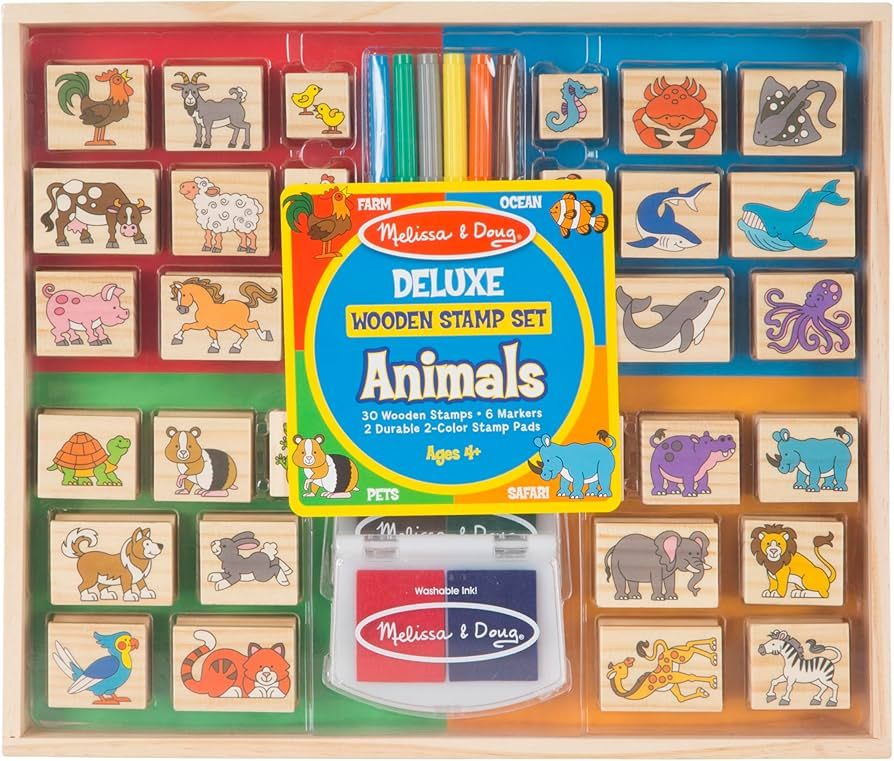 Amazon.com: Melissa & Doug Deluxe Wooden Stamp Set: Animals - 30 Stamps, 6 Markers, 2 Stamp Pads ... | Amazon (US)