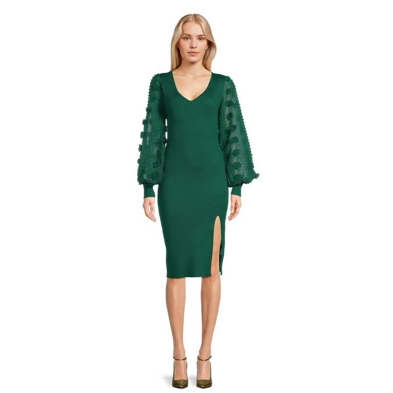 No Boundaries Juniors V-Neck Midi Dress with Long Sleeves, Sizes XS-3XL - Walmart.com | Walmart (US)