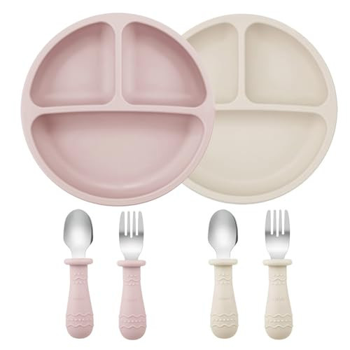 PandaEar 6 Pack Toddler Plates and Utensils Set, 2 Pack Silicone Baby Plates with Suction and 4 Stainless Steel Baby Spoons Forks, Toddler Dinnerware Set, Baby Dishes | Amazon (US)