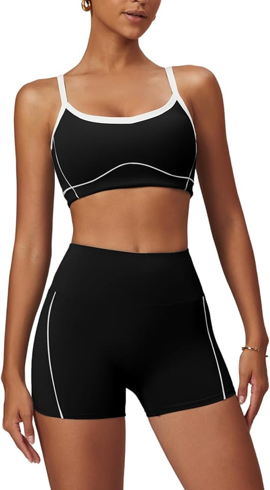 OMEWEE Yoga sets for women 2 piece Fashion contrasting lines Sports Bra and Tummy Control Butt-li... | Amazon (US)