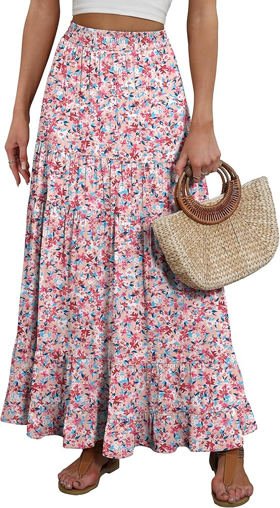 ANRABESS Womens Maxi Skirt Elastic High Waist Swing Tiered A-line Flowy Pleated Boho Beach Vacati... | Amazon (US)