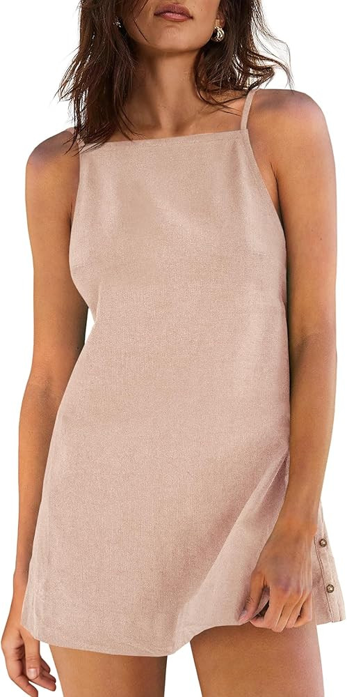 Yanekop Womens Linen Mini Dress Spaghetti Strap Short Beach Summer Dresses Sleeveless Sundress Op... | Amazon (US)