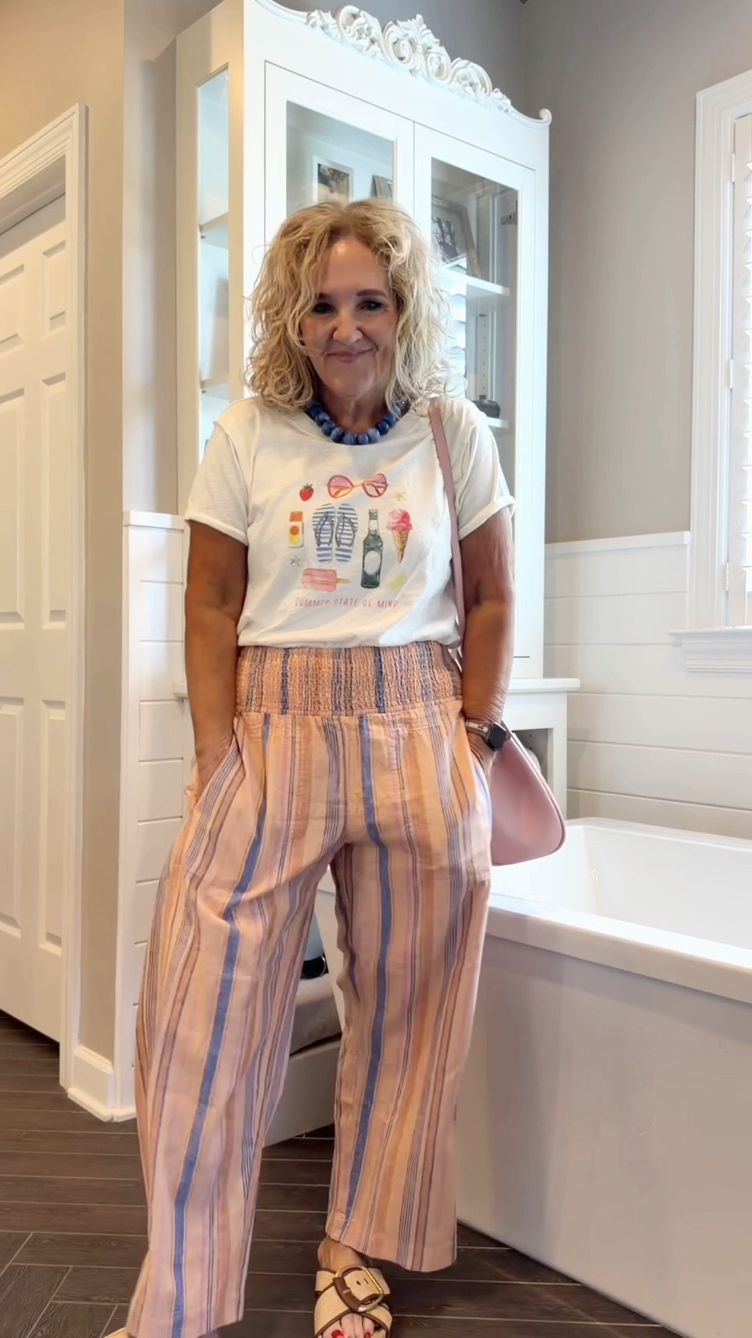 Super cute summer graphic tee size medium 
Easy linen pants either a subtle barrel shape I sized down to a small 
20% off Allie & Bess code NANETTE20

#LTKOver40 #LTKootd #LTKPetite