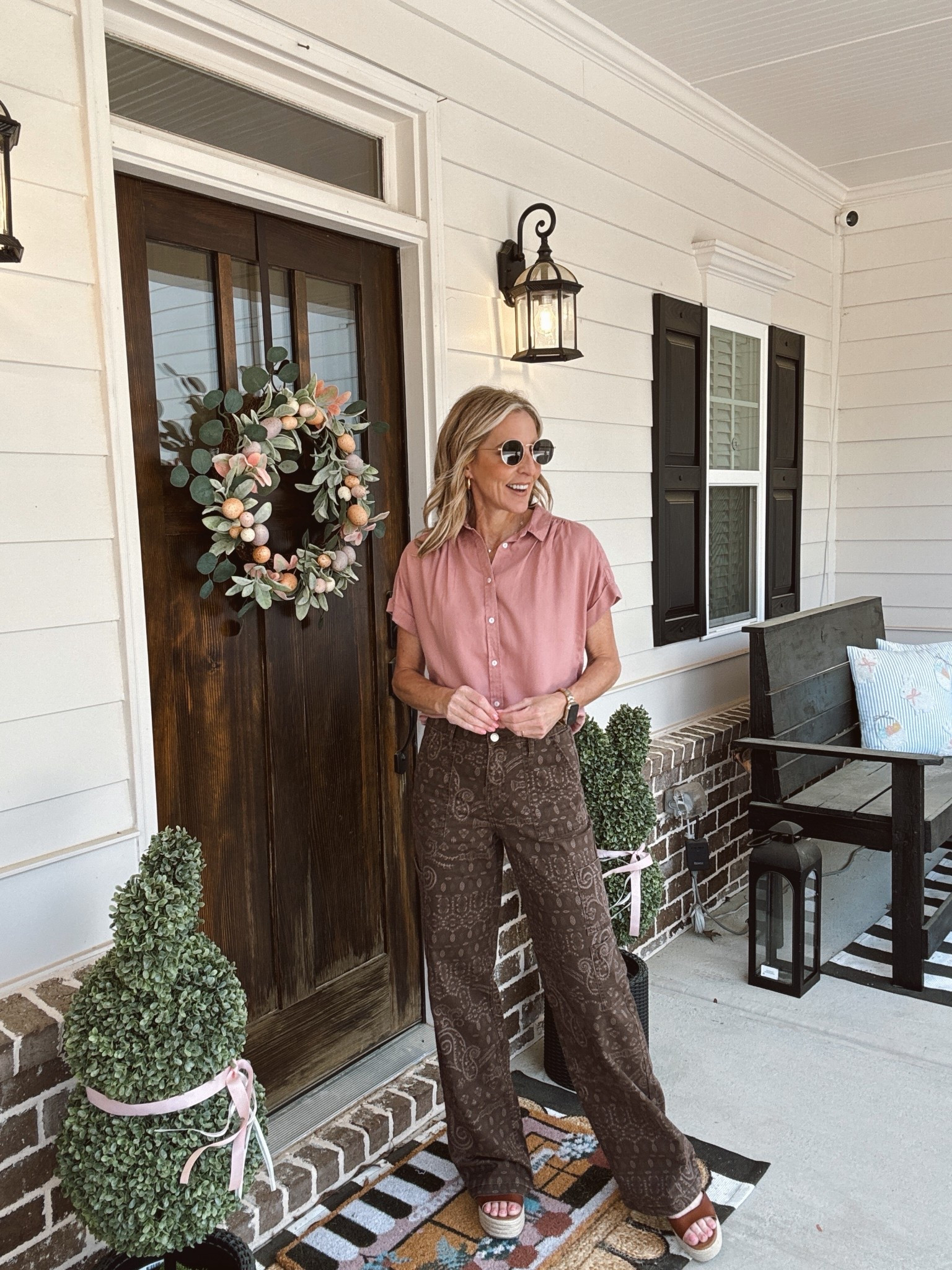 Walmart viral less than $17 bandanna printed pants size extra small in this cute camp shirt also Walmart less than $20 size extra small