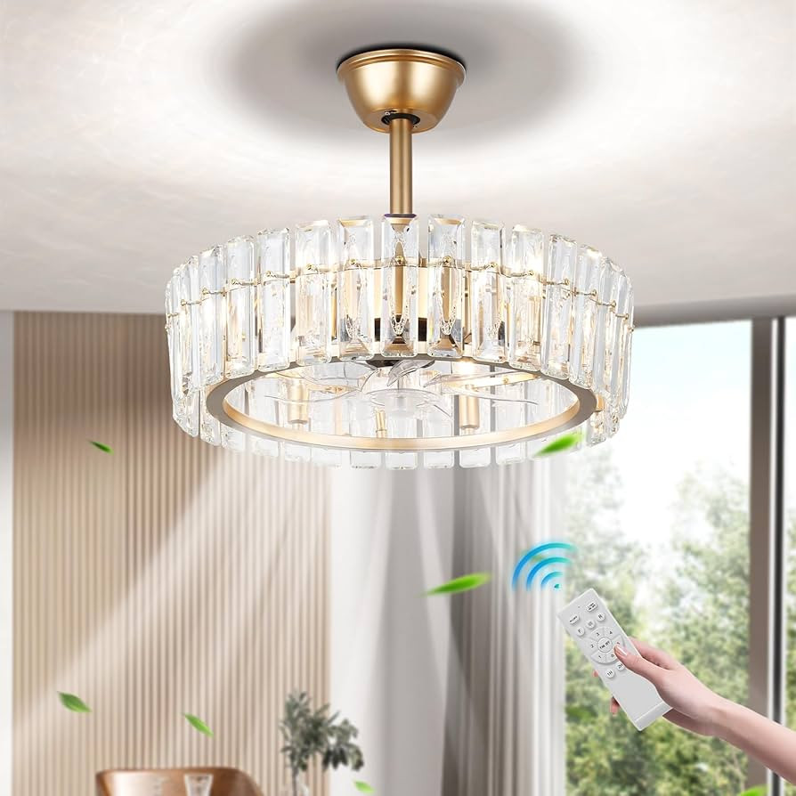 20.7" Modern Crystal Ceiling Fan with Light and Remote, Flush Mount Ceiling Fan Gold Chandelier C... | Amazon (US)