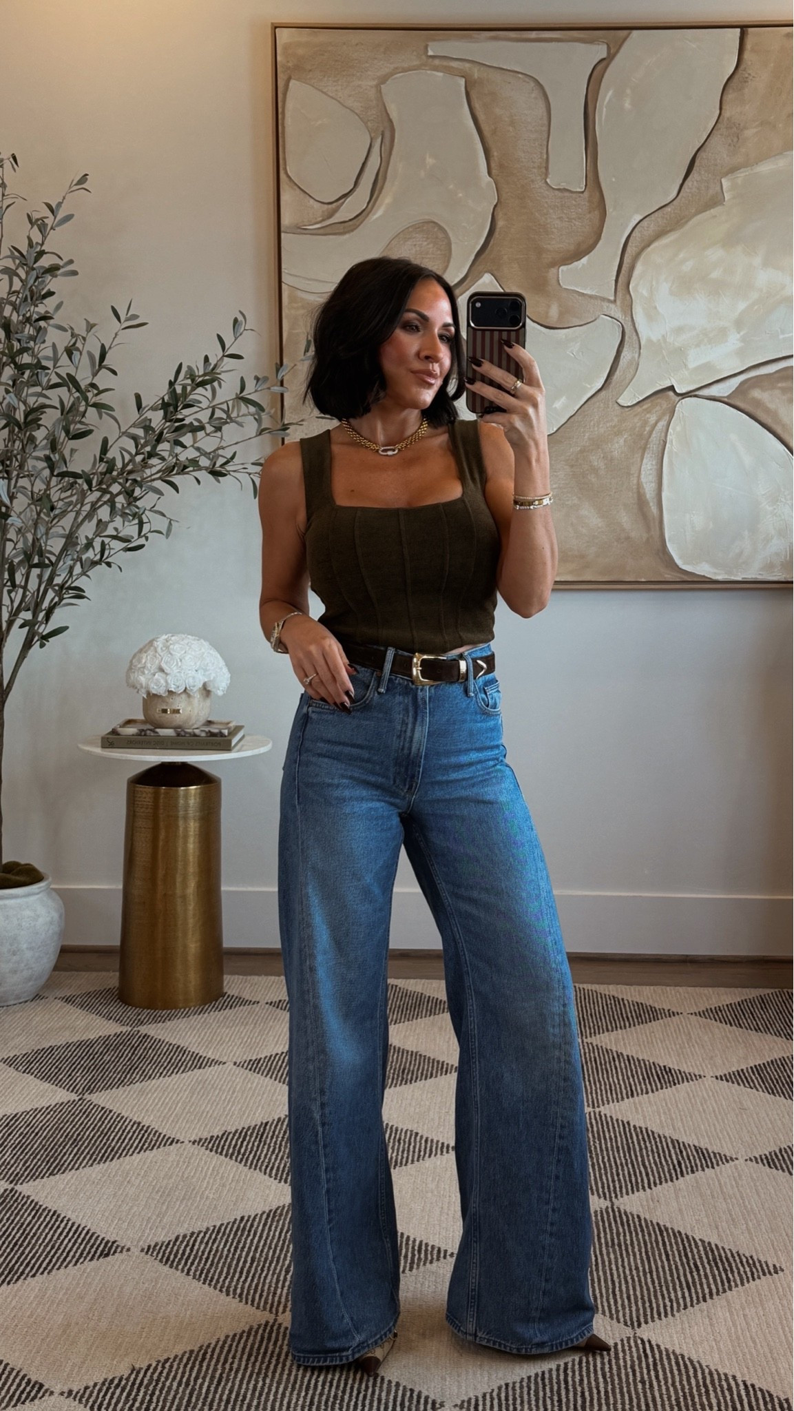 Tonight’s, chic casual date night fit! ￼

Small in top
24 in jeans