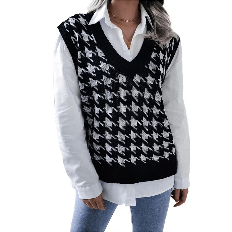 Women V Neck Sweater Vest Sleeveless Houndstooth Print Knit Tank Tops | Walmart (US)