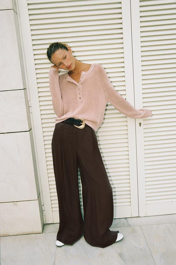 Zara - Satin Wide-Leg Trousers With Belt - Brown - L - Woman | Zara US