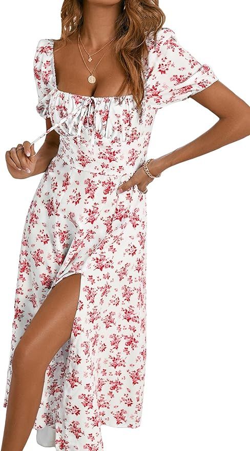 WDIRARA Women's Floral Print Tie Front Square Neck Short Sleeve Split Thigh Dress | Amazon (US)