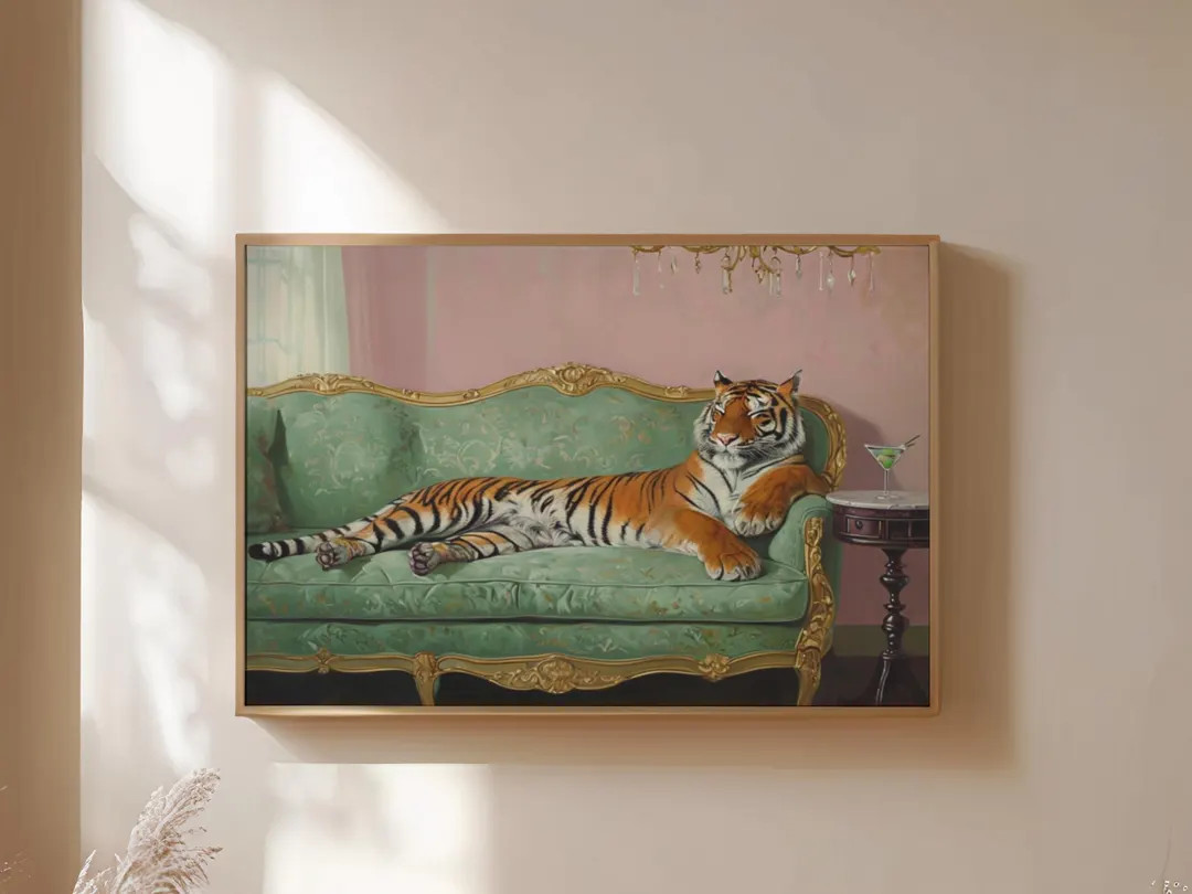 Lounging Tiger on Mint Green Sofa – Funny Regal Tiger Horizontal Art Print, Vintage Jungle Anim... | Etsy (US)