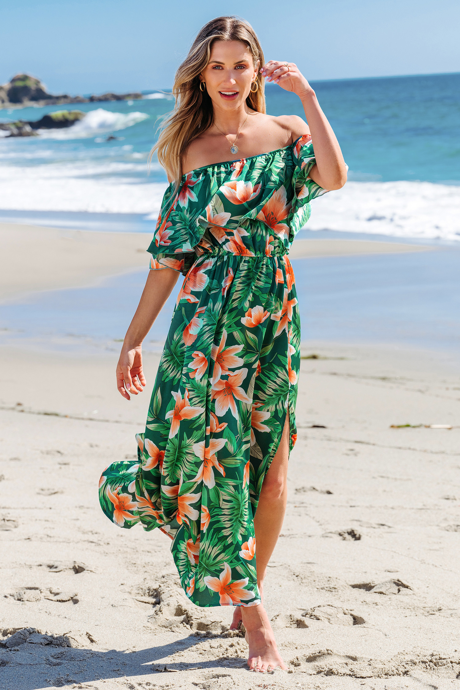 Green & Orange Tropical Off-Shoulder Flounce Bodice Maxi Dress - S | Cupshe US