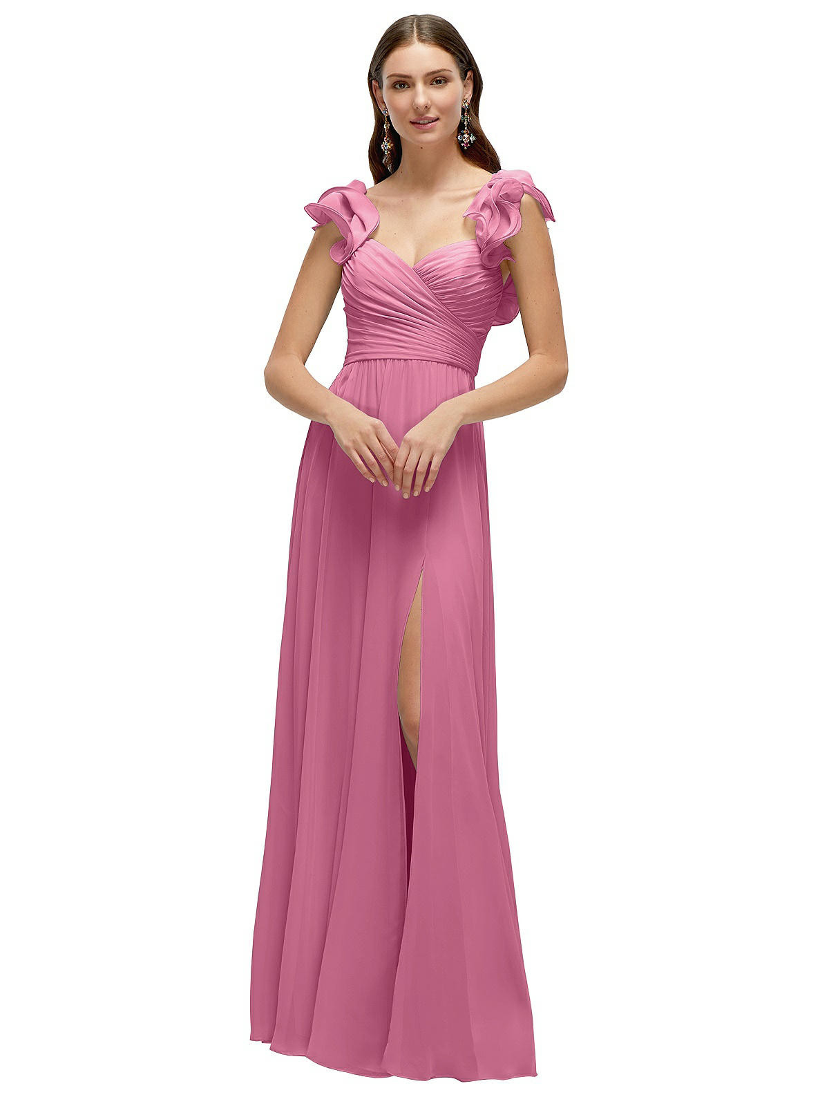 Dramatic Ruffle Edge Strap Chiffon Maxi Dress in Orchid Pink | Dessy Group