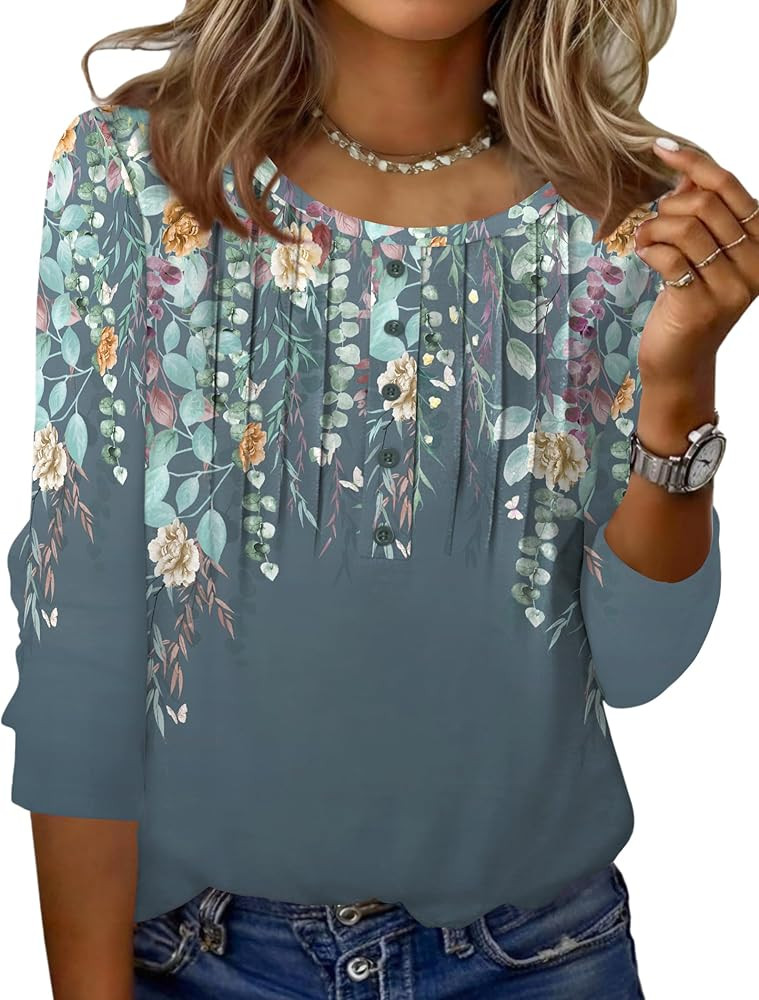 Zeagoo 3/4 Length Sleeve Womens Tops Round Neck Casual Summer Tunic Tops Basic Tees Blouses Dress... | Amazon (US)