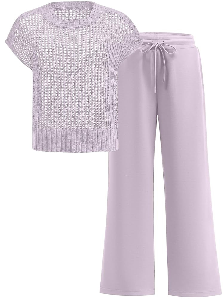 ANRABESS Women Two Piece Outfits Crochet Sheer Knit Sweater Top Wide Leg Pants Lounge Matching Se... | Amazon (US)