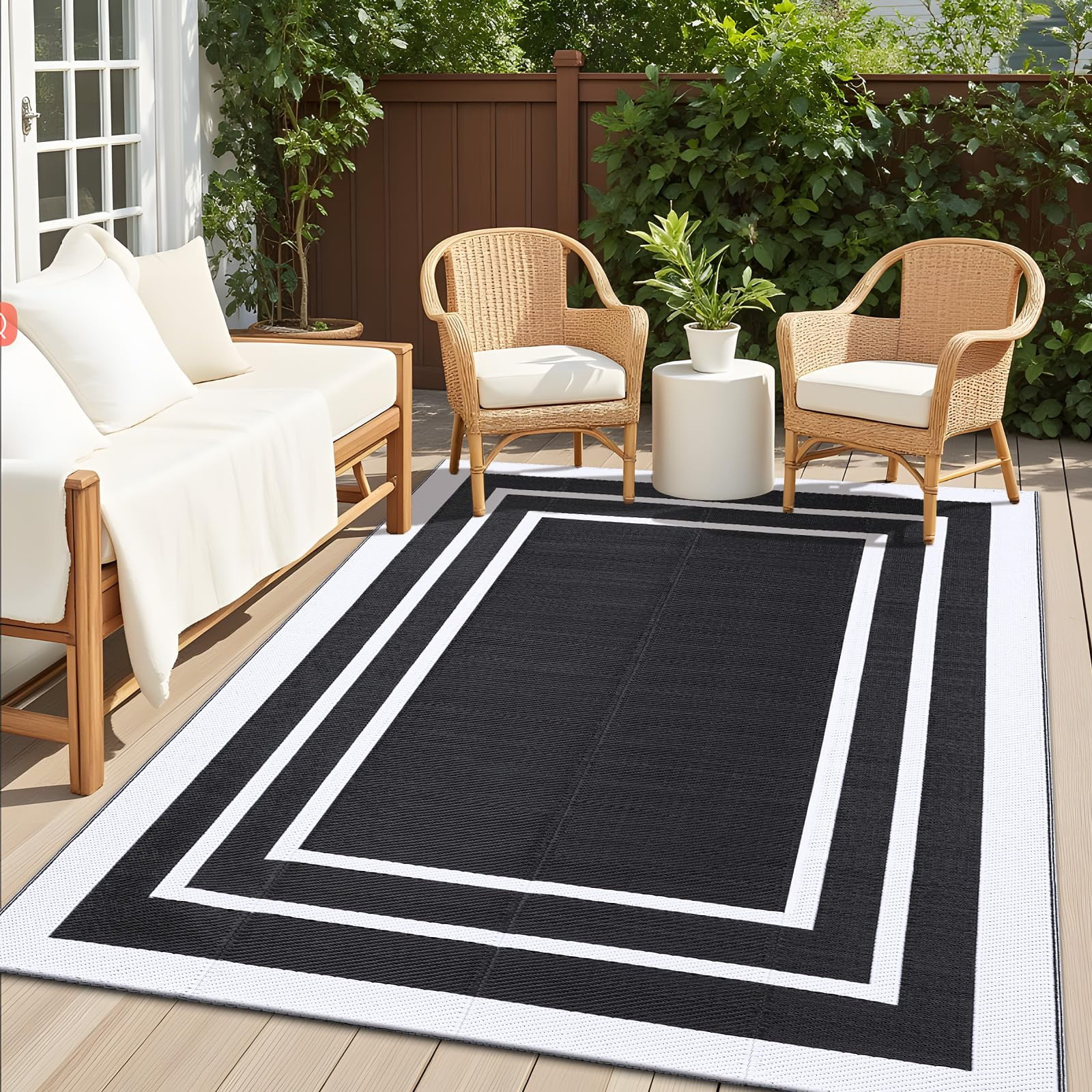 Smiry Outdoor Rugs 5x8, Waterproof Plastic Straw Indoor Outdoor Mat for Patio, RV Camping, Deck,Porch, Black & White - Walmart.com | Walmart (US)