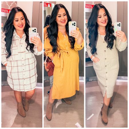 Target try on! Target dress. Universal thread. Target fall dress. Sweater dress. Shirt dress. Plaid dress. Mustard yellow dress. Midi dress. Balloon sleeves. Fall fashion. Fall style. Tan booties. Target shoes. Target workwear. 

#LTKunder50 #LTKworkwear #LTKSeasonal