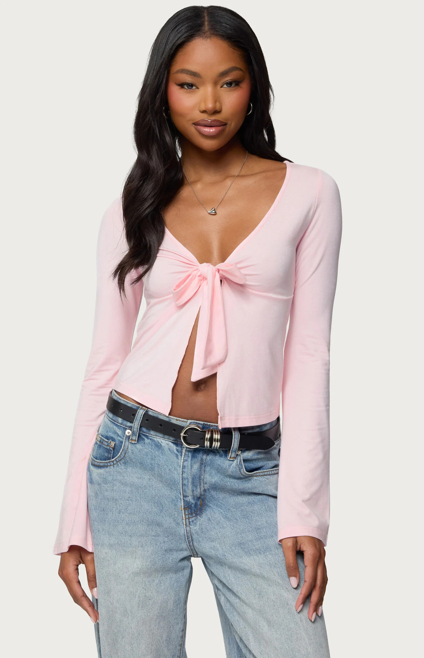 Edikted Women's Scarlette Tie Front Top in Light Pink - Size Large | PacSun