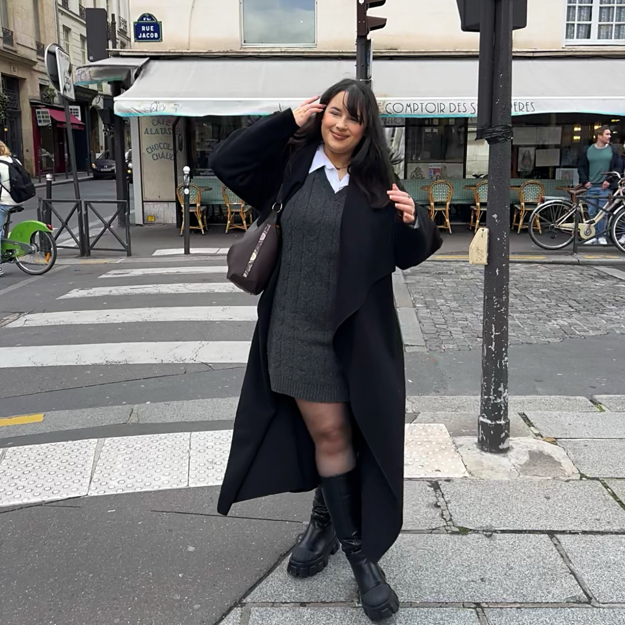 paris outfit of the day style with black waterfall coat, shirt jumper dress and knee high boots

#LTKeurope #LTKfit #LTKstyletip