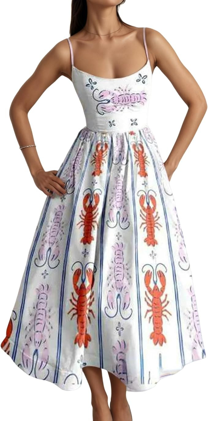 Women's Boho Print Sexy Spaghetti Strap Swing Maxi Dress Sleeveless Beach Sundress Back Smocked F... | Amazon (US)