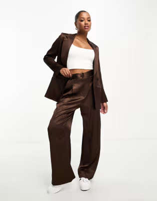 River Island petite satin pants set in brown | ASOS (Global)