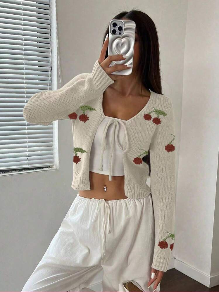SHEIN MOOSTA Women's Cherry Pattern Tie-Up Cropped Cardigan, Casual Style For Autumn | SHEIN