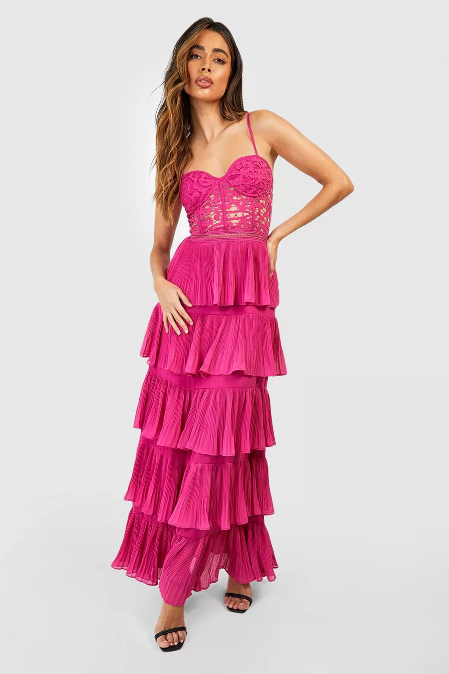 Lace Corset Detail Pleated Maxi Dress | Boohoo.com (US & CA)