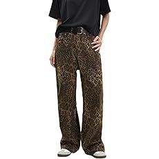 Tan Leopard Jeans Women&Men Denim Pants Female Oversize Wide Leg Trousers Street Wear Hip Hop Vin... | Amazon (UK)