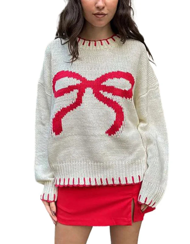 Valentine Sweaters for Women Girls Y2K Bow Tie Crew Neck Chunky Warm Oversized Pullover Sweaters ... | Walmart (US)