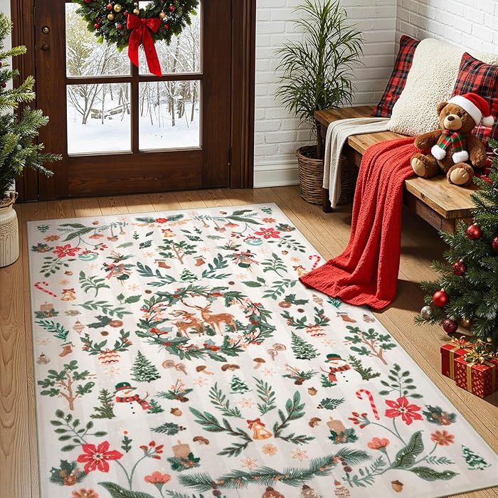 Lahome Christmas 3x5 Living Room Rug, Soft Washable Area Rug for Entryway, Non Slip Xmas Reindeer... | Amazon (US)