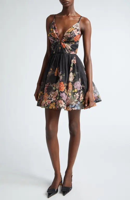 Zimmermann Pavilion Floral Linen & Silk Minidress in Black Multi Floral at Nordstrom, Size 0P | Nordstrom