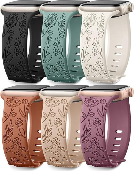 SNBLK Floral Engraved Soft Silicone Watch Band for Apple Watch 44mm, 40mm, 38mm, 41mm, 45mm, 49mm | Amazon (US)