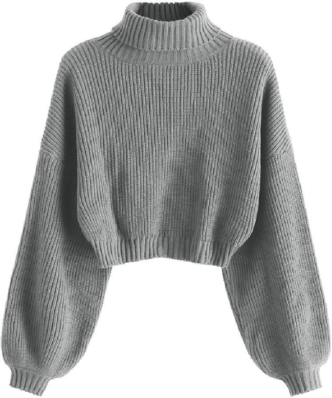 ZAFUL Women's High Neck Lantern Sleeve Ribbed Knit Pullover Crop Sweater Jumper | Amazon (US)