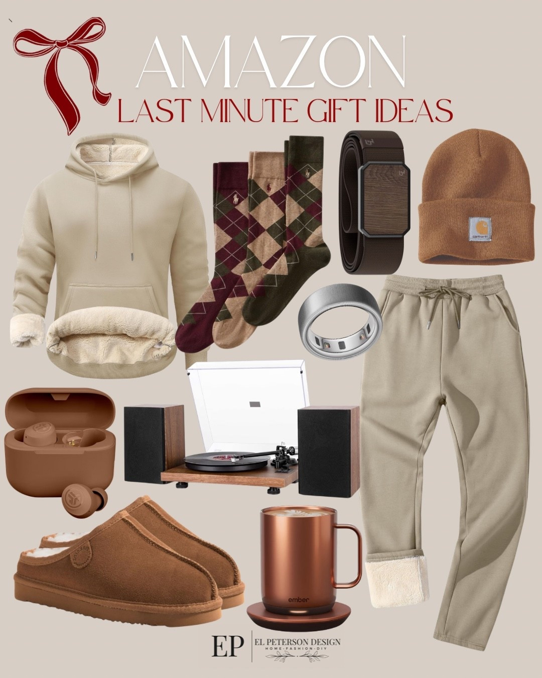 Amazon
Last minute gift guide for him
Fleece hoodie
Fleece sweat pants
Ring
Belt
Beanie
Slippers
Earbuds
Record player 
Coffee warmer
Socks 