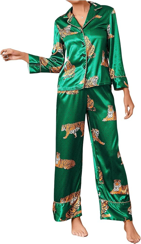 WDIRARA Women's Sleepwear Striped Satin Short Sleeve Shirt and Pants Pajama Set | Amazon (US)