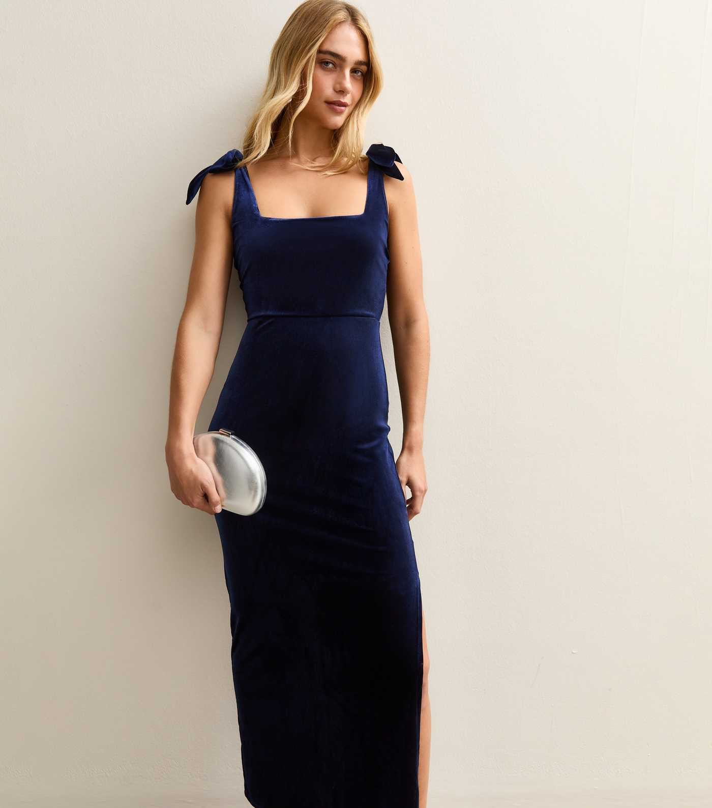 Navy Velvet Bow Shoulder Midi Dress | New Look | New Look (UK)