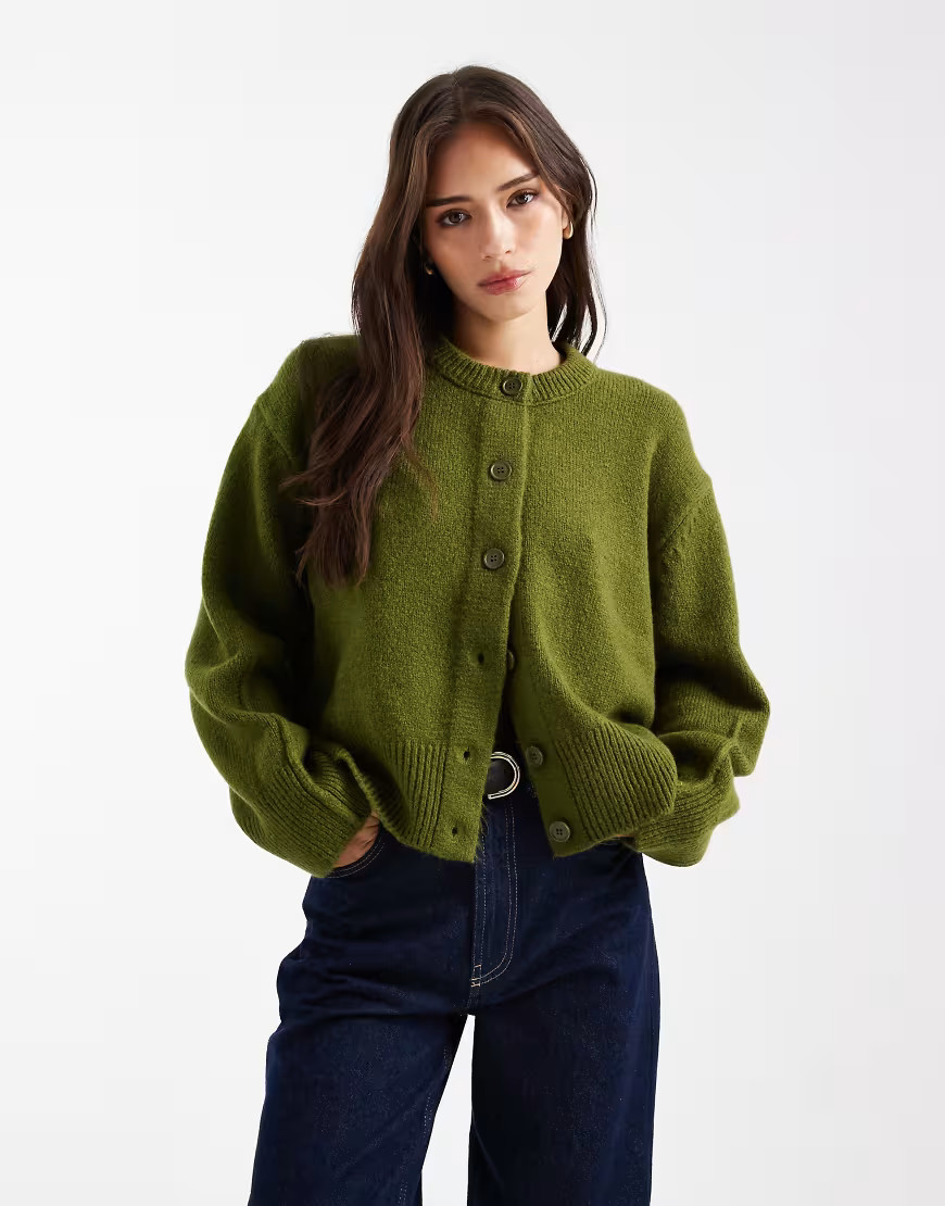 ASOS DESIGN boxy crew neck cardigan with side slit detail in olive-Green | ASOS (Global)