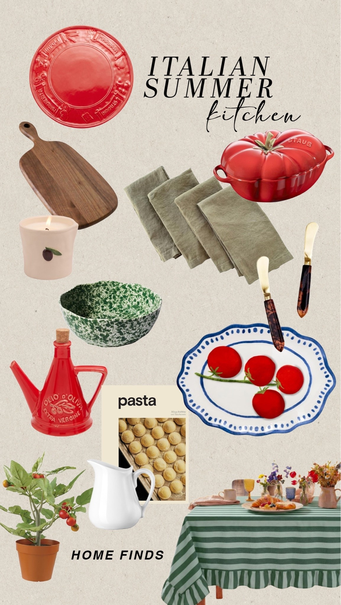 Dreaming of an Italian summer kitchen. Heirloom tomatoes on the counter, linen napkins, olive oil within reach, and wooden boards that only get better with age.

Italian summer kitchen, tomato kitchen, linen napkins, olive oil dispenser, wood cutting boards, Mediterranean kitchen, rustic kitchen decor, European summer aesthetic, pasta kitchen, cozy kitchen

#LTKHome