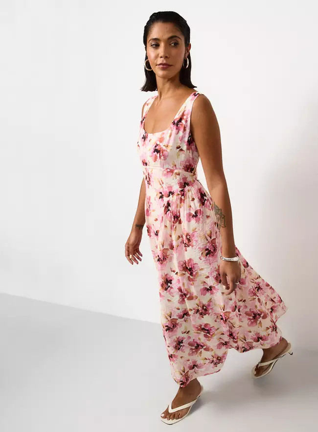 Buy Pink Blurred Floral Print Ruffle Waisted Dress 14 | Midaxi | Tu | Tu Clothing
