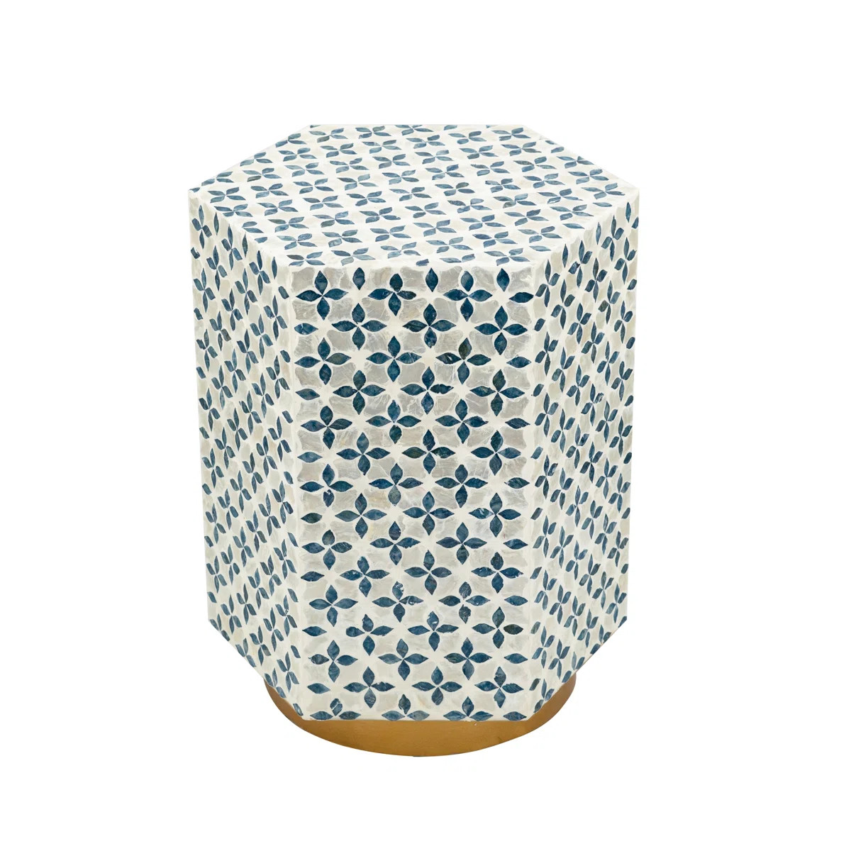 15x13x18.5" Hexagonal Accent Table With Blue Capiz Design And Gold Base | Wayfair North America
