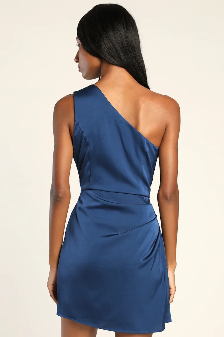 Love Me Tonight Navy Blue Satin One-Shoulder Mini Dress | Lulus