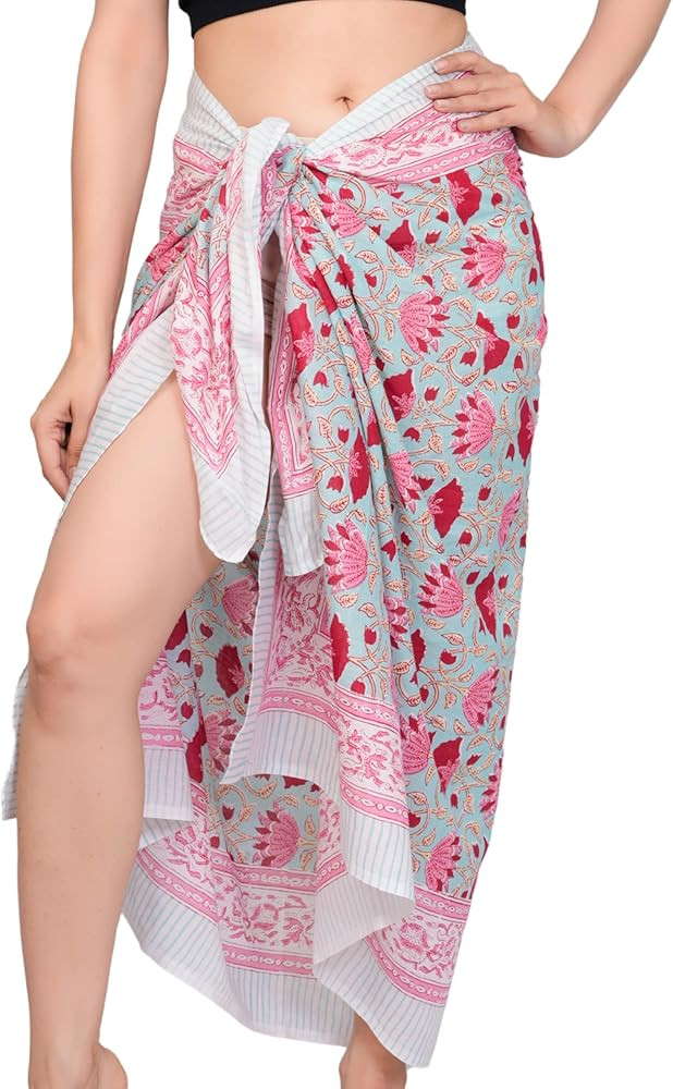 Hand Block Printed Cotton Sarong Wraps for Women – Lightweight Beach Swimsuit Cover Up, One Siz... | Amazon (US)