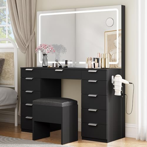 YITAHOME 46'' Vanity Desk Set with Expansive LED Mirror, Makeup Vanity Desk Boasting 11 Drawers, Power Outlet, and Magnifying Glass, Dressing Table Complemented with Storage Stool, Coal Black | Amazon (US)