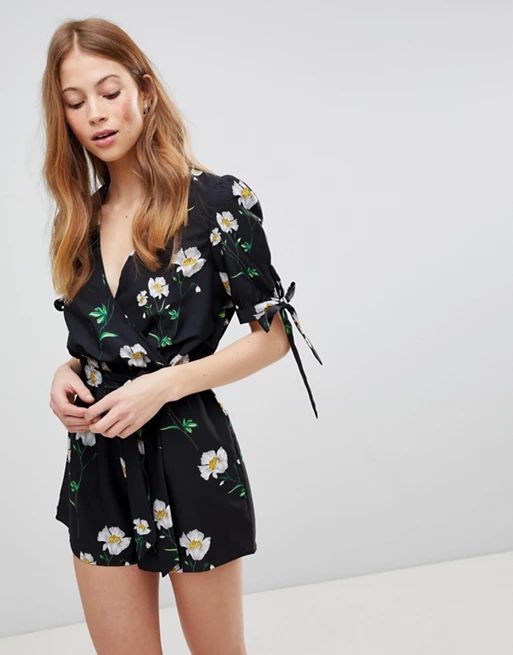 Influence Floral Wrap Romper With Puff Tie Sleeve | ASOS US