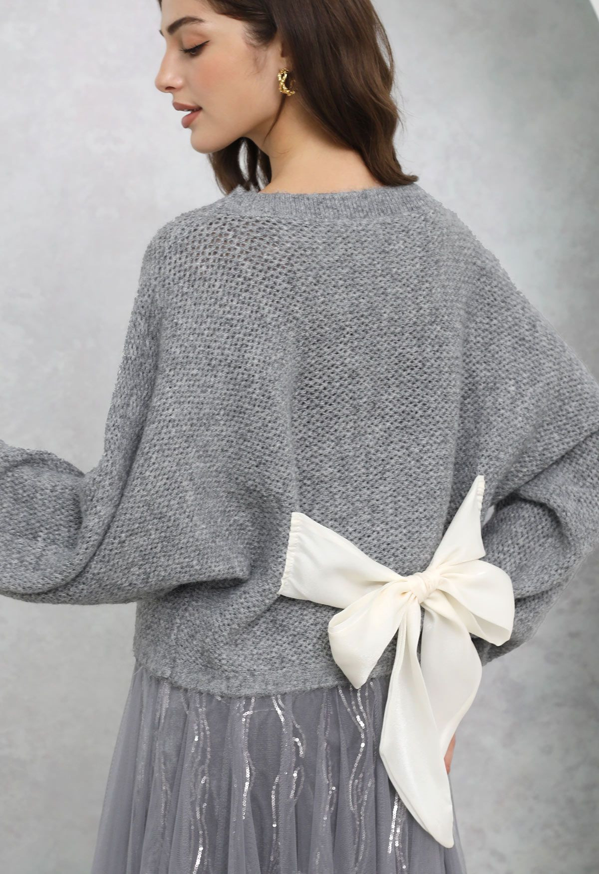 Back Bow Detail Puff Sleeve Waffle Knit Sweater in Grey | Chicwish